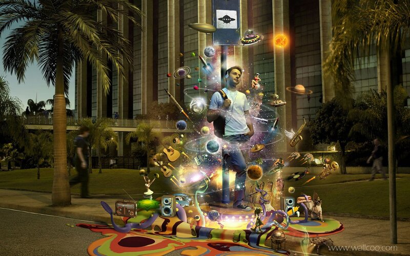 man with music and space objects