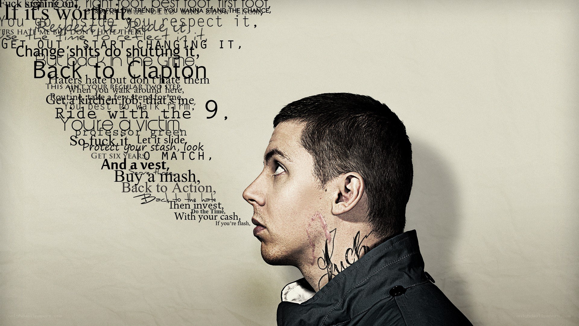 Man with neck tattoo and text