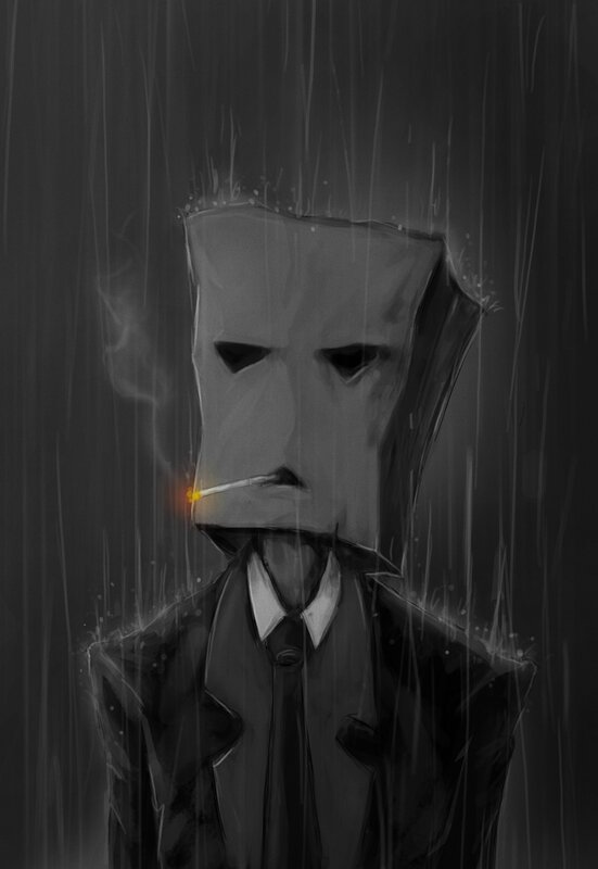 man with paper bag head in rain