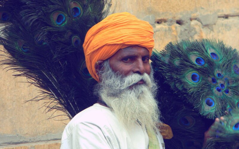 Man with peacock feathers