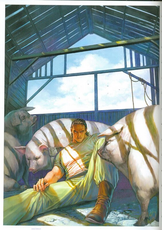 Man with pigs in a barn