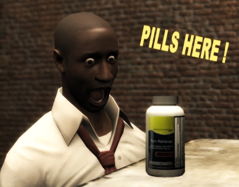 man with pills here text