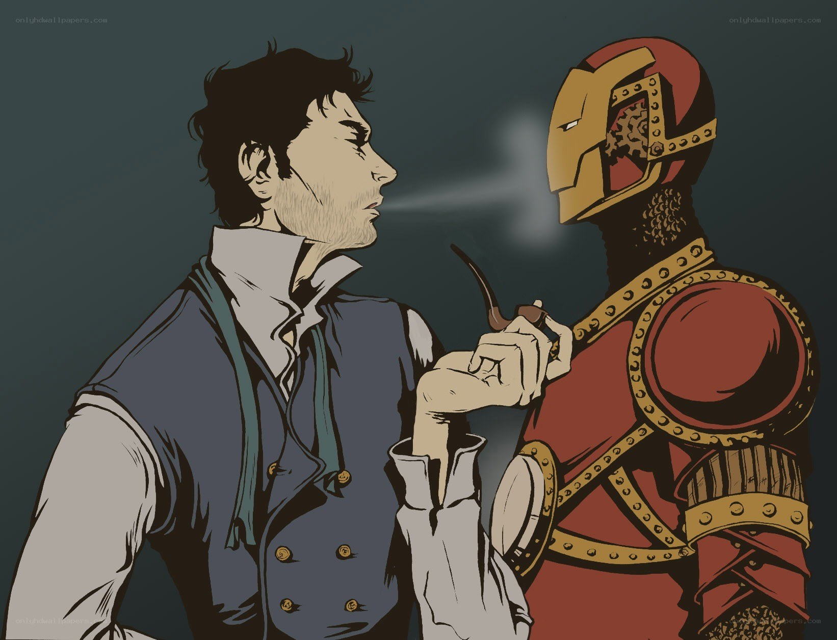 man with pipe and armored figure