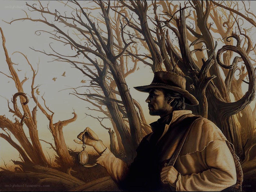 Man with pocket watch in barren forest