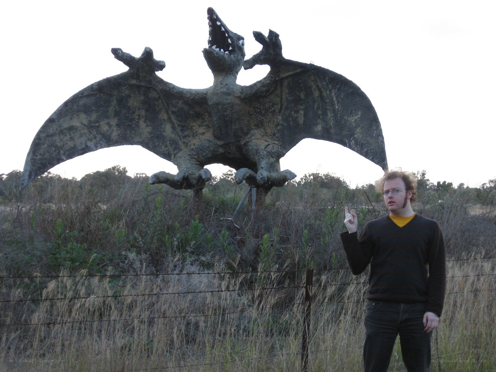 Man with pterodactyl statue