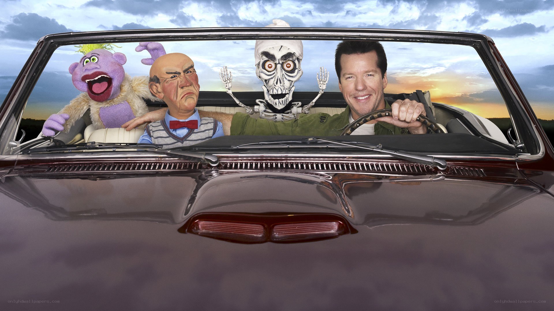 Man with puppets in car