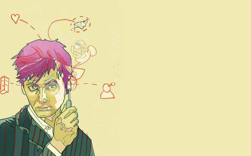 man with purple hair on phone