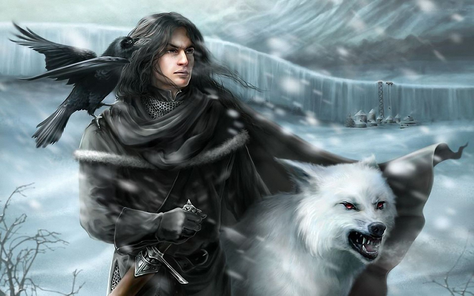 Man with raven and white wolf