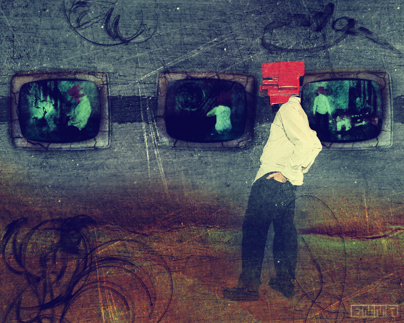 man with red box head