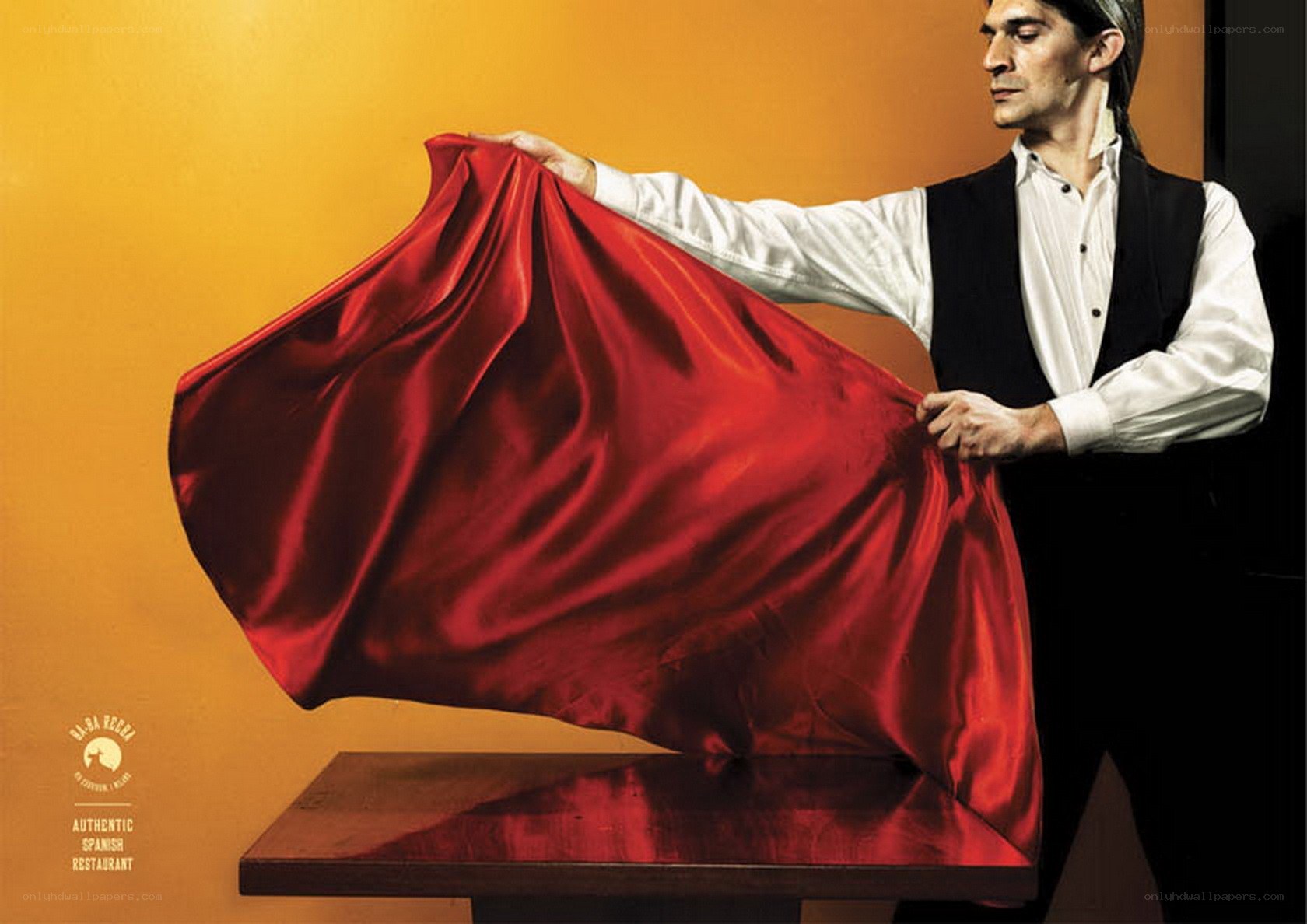 Man with red cloth at restaurant