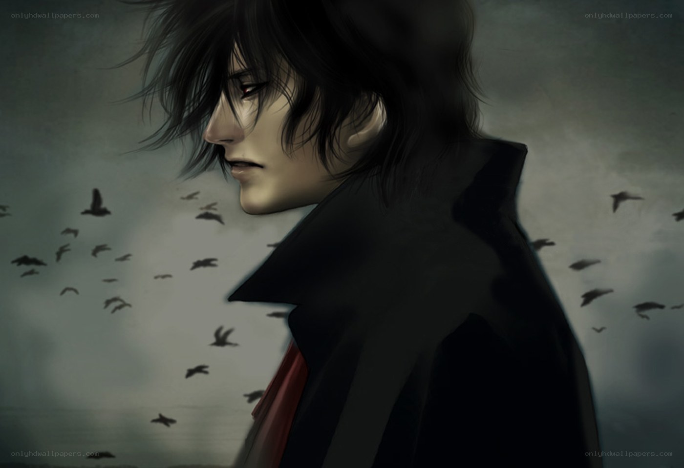 man with red eyes and birds