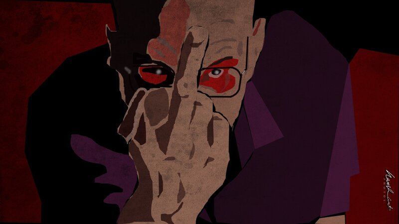 man with red eyes and hand gesture
