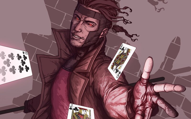 Man with red eyes and playing cards