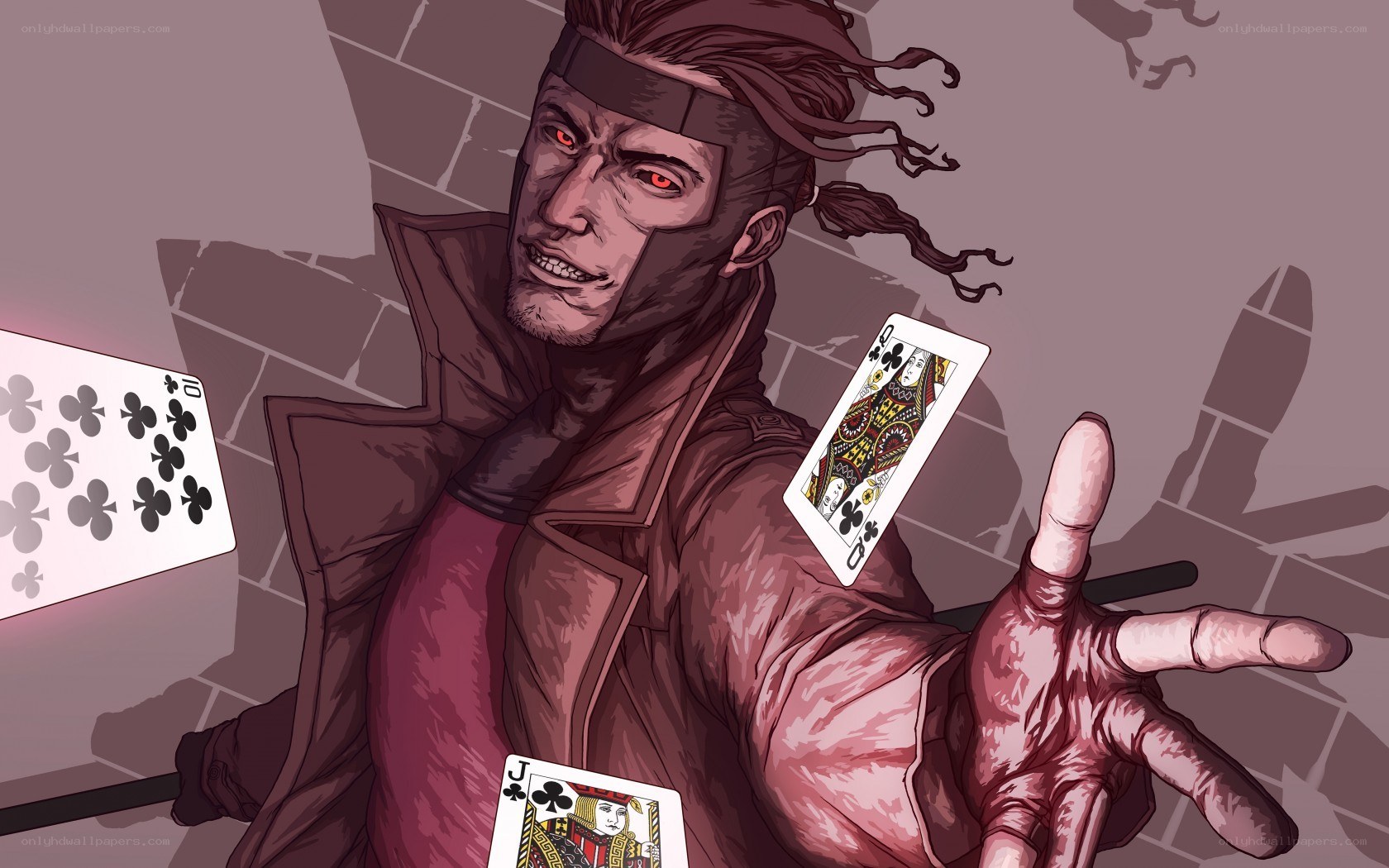 Man with red eyes and playing cards