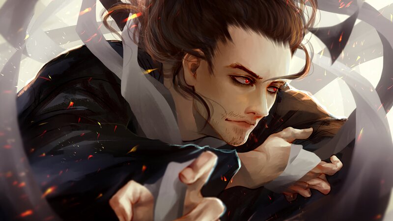 Man with Red Eyes — Black, Dramatic, Digital Art, Fire