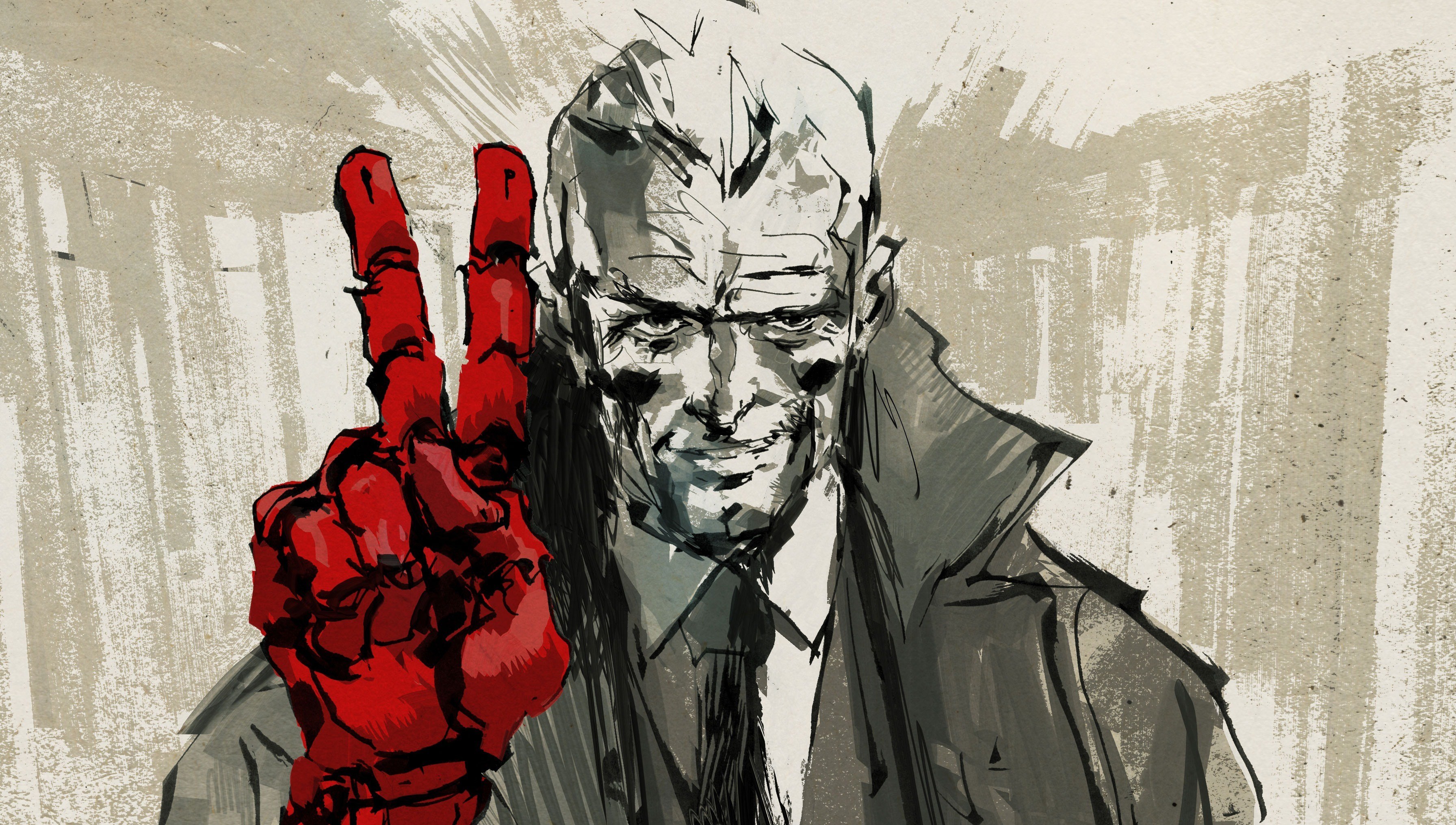 Man with red hand making peace sign