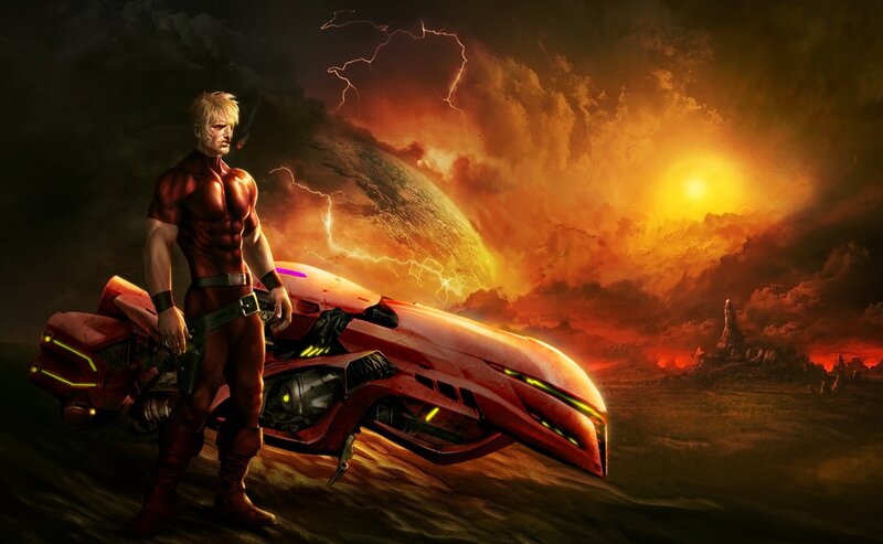 Man with Red Motorcycle — Dramatic