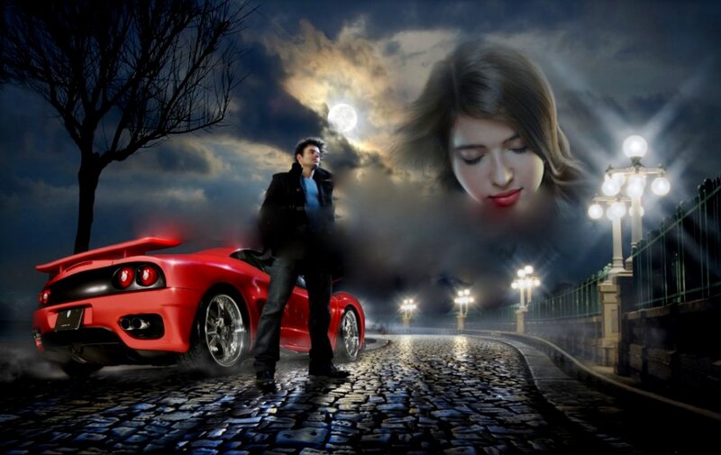 Man with Red Sports Car — Dramatic, Night