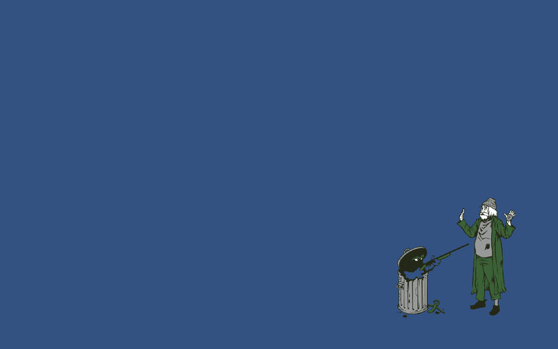 man with rifle and trash can