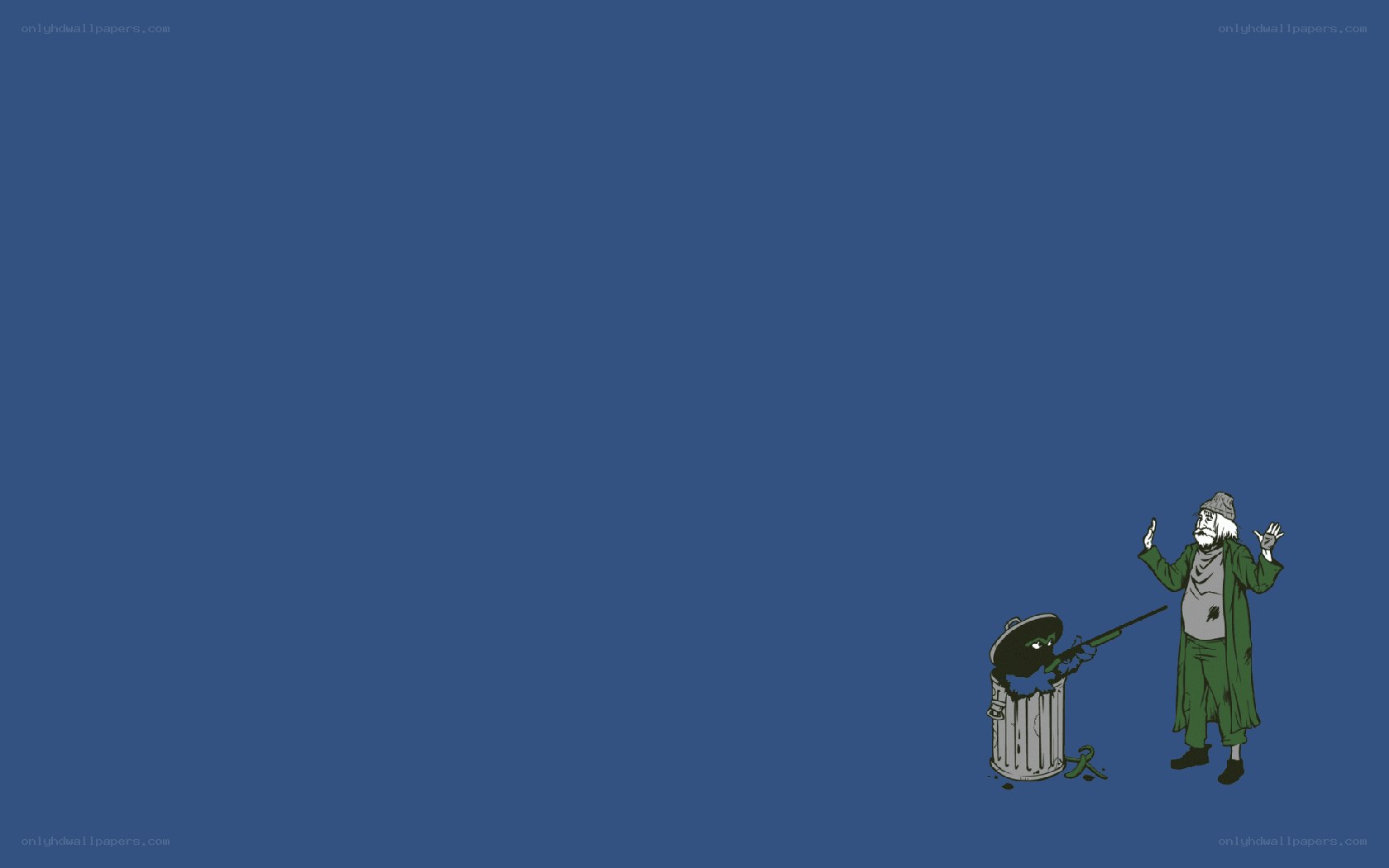 man with rifle and trash can