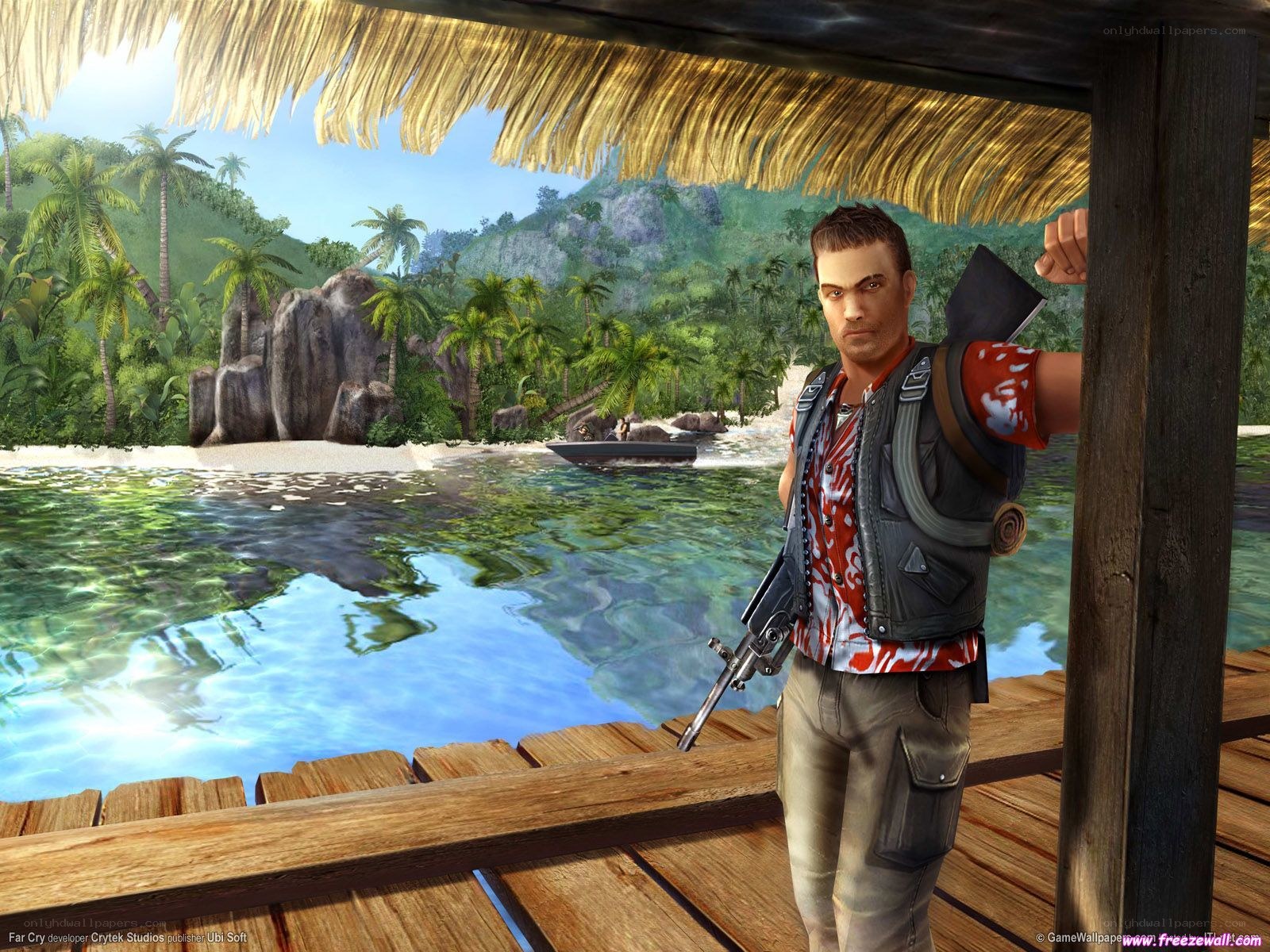 Man with rifle on tropical dock