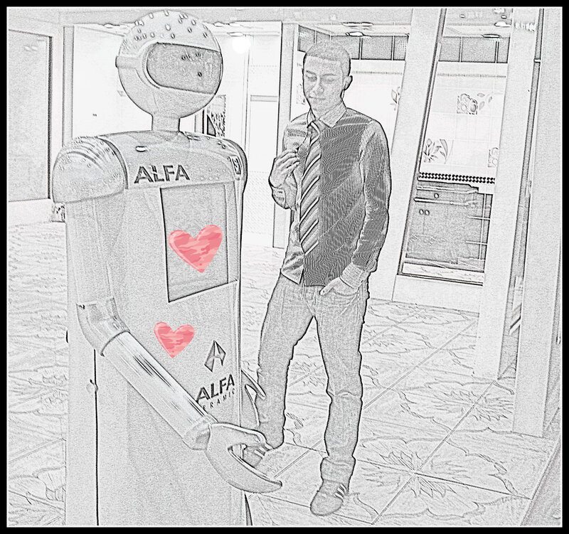 Man with robot in showroom