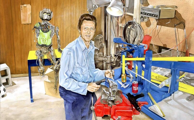 Man with Robot in Workshop