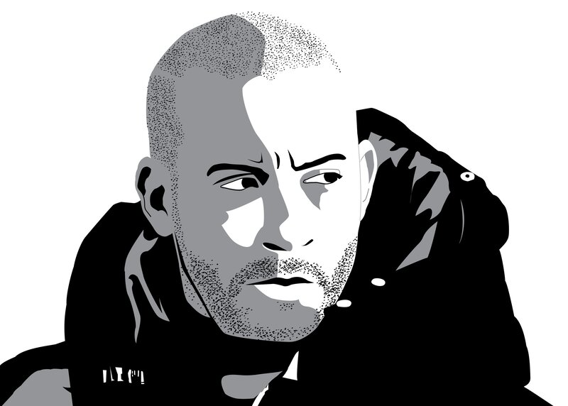 Man with Shaved Head — Black, Serious