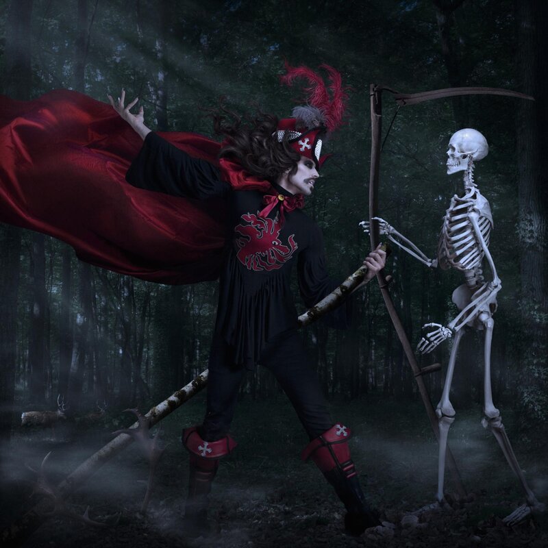 man with skeleton in forest