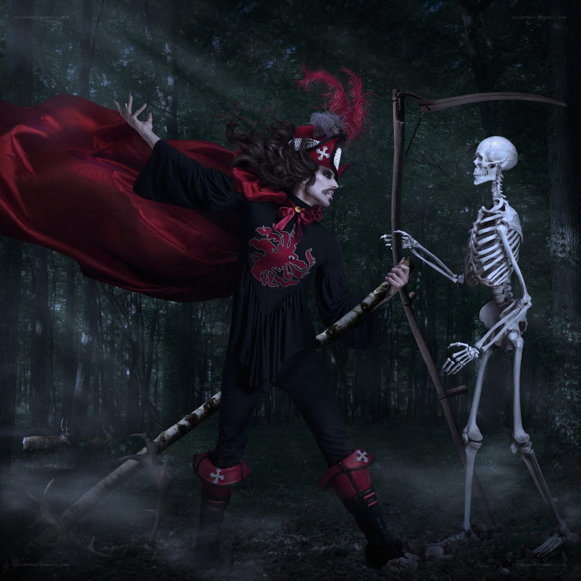 man with skeleton in forest