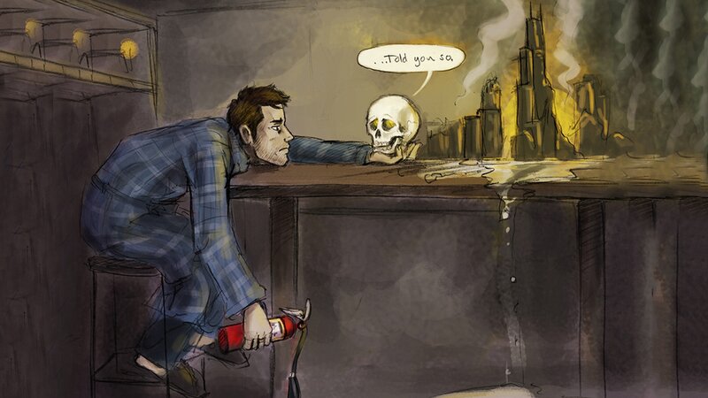Man with Skull at Bar