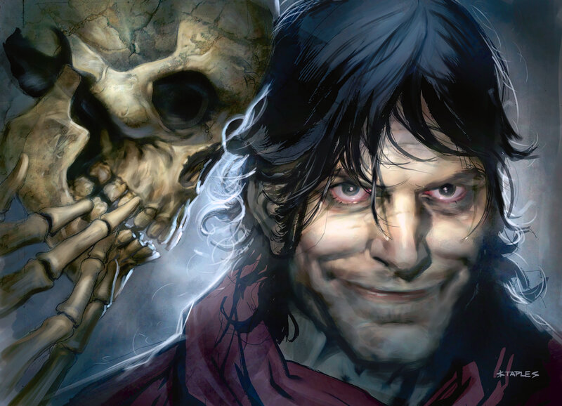 man with skull behind him