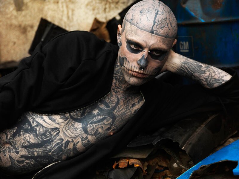 Man with Skull Makeup — Black, Dramatic, Photograph, Tattoos, Jacket