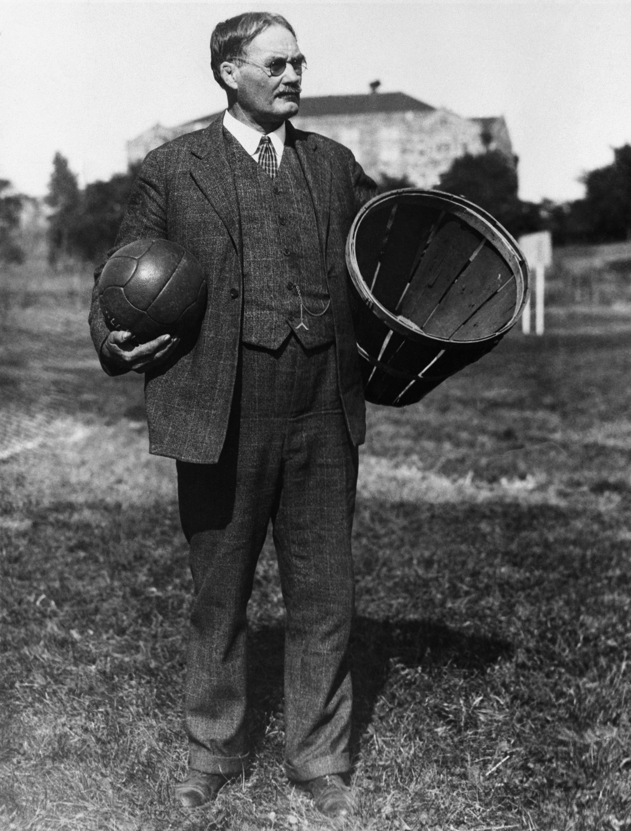Man with soccer ball and basket
