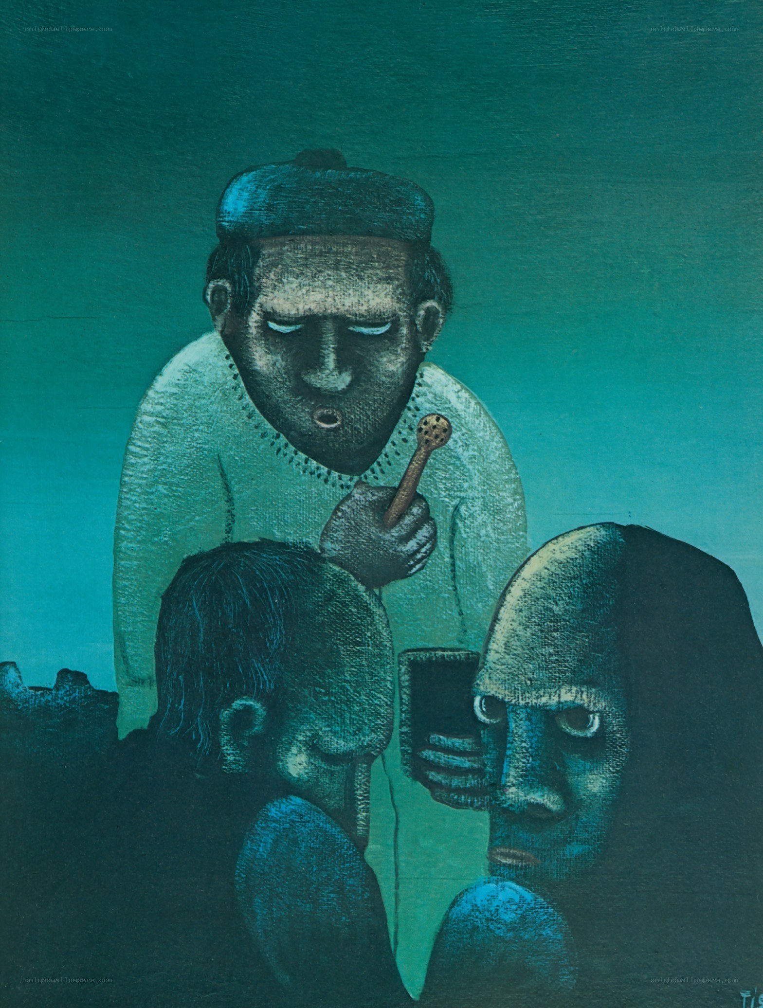 Man with spoon over two heads