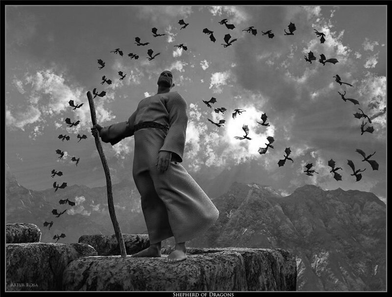 Man with Staff and Dragons