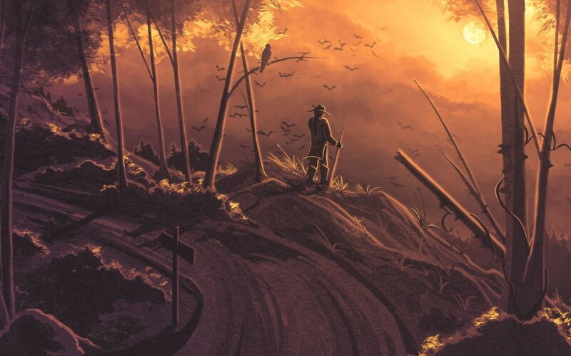 Man with Staff in Forest — Orange