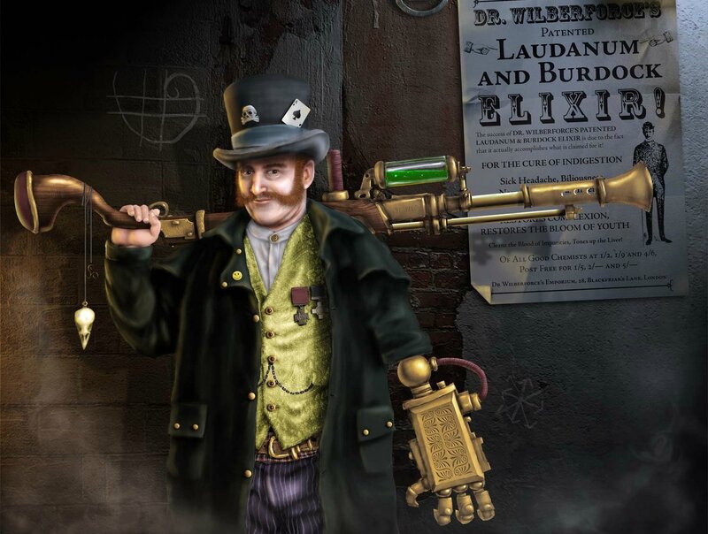 Man with Steampunk Weapon — Green, Dramatic