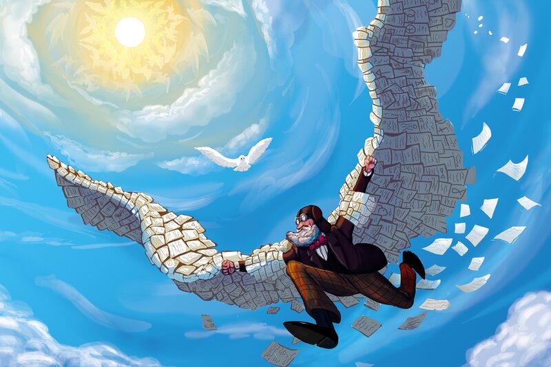 man with stone wings flying