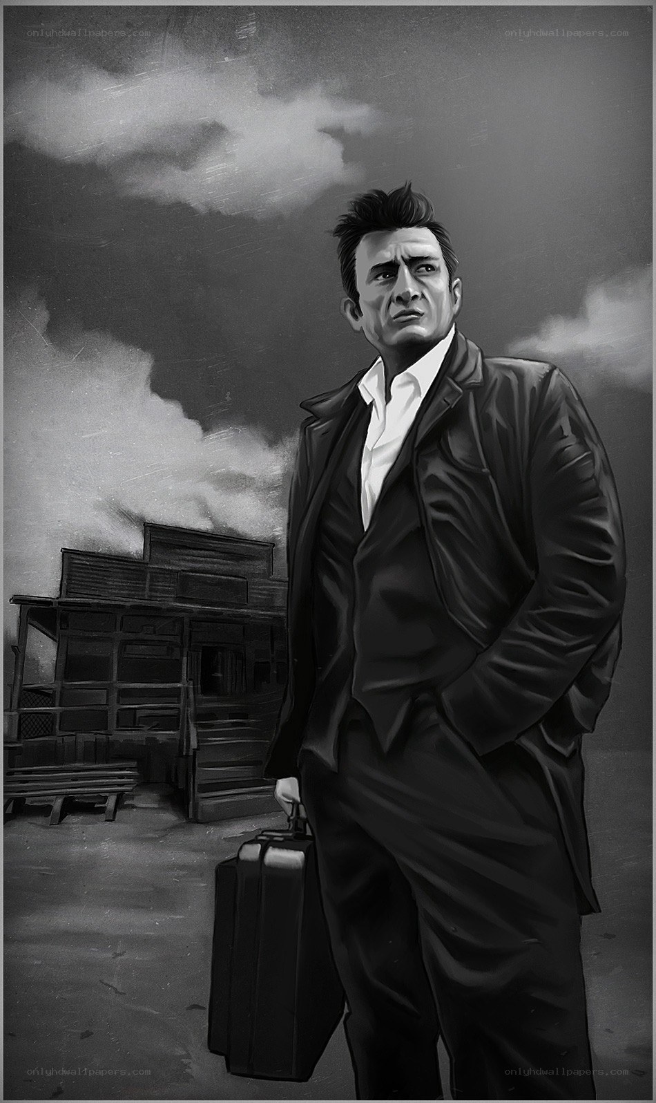 man with suitcase in black and white