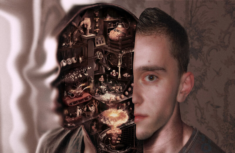 man with surreal brain interior