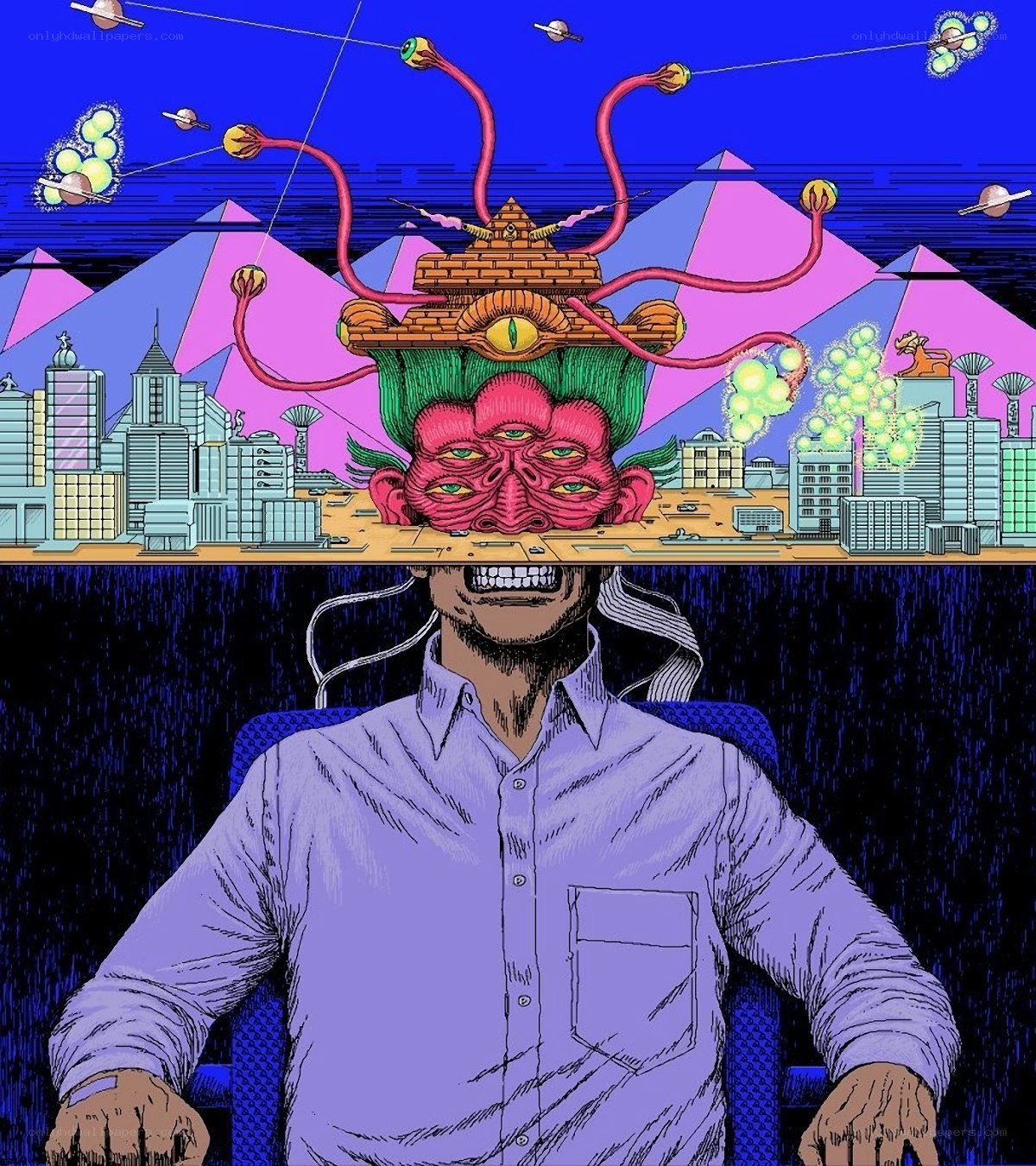 man with surreal city vision