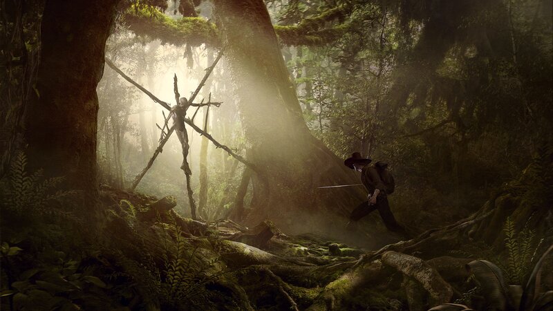 Man with Sword in Forest — Green, Dramatic