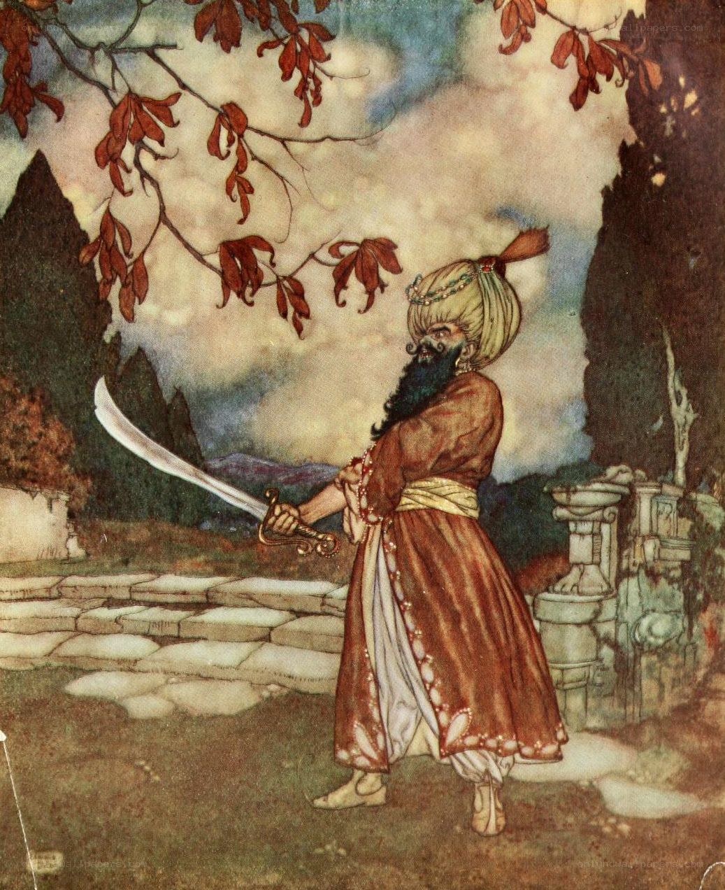 Man with sword in garden