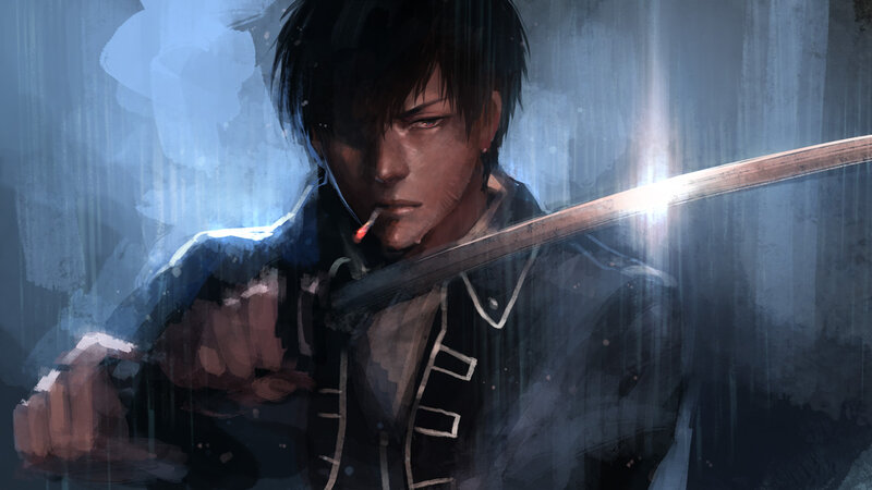 Man with Sword in Rain