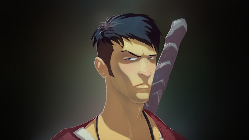 Man with Sword on Back — Brown, Serious