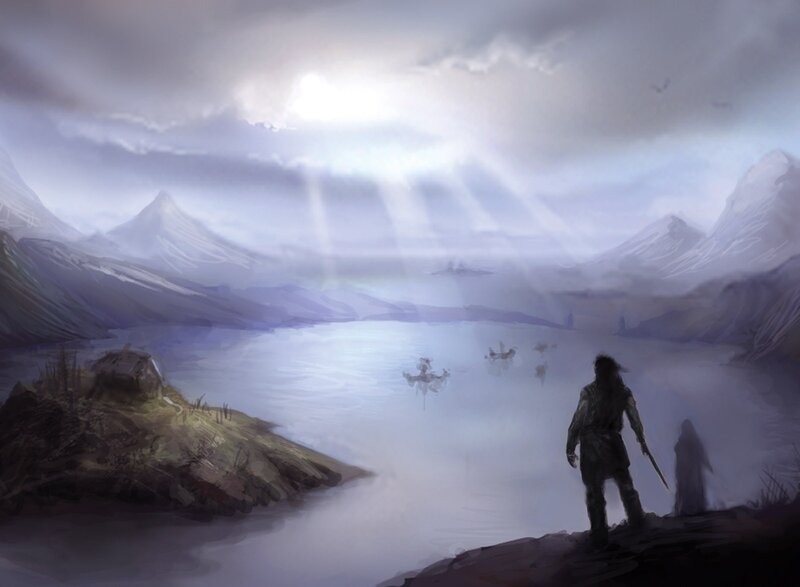 Man with Sword on Cliff — Gray
