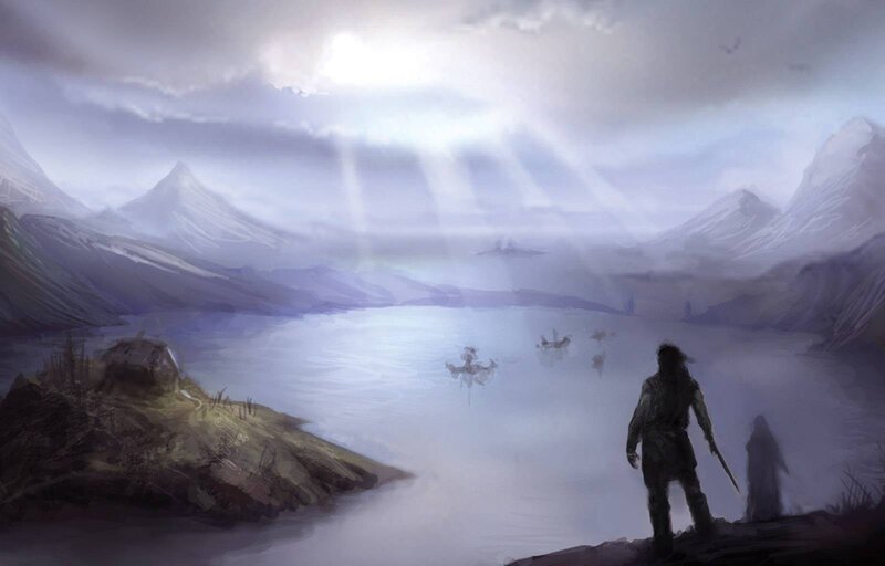 Man with Sword on Cliff — Purple
