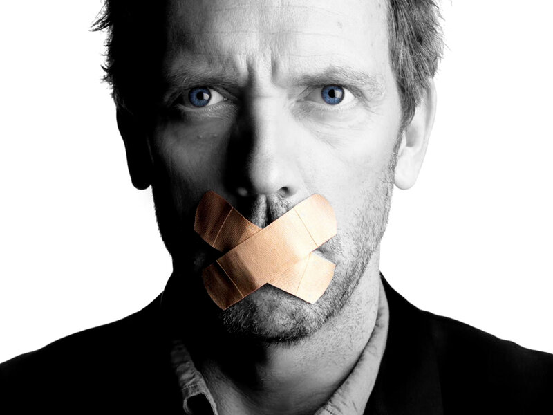 Man with Tape over Mouth — Black, Dramatic, Photograph, Bandage, Eyes