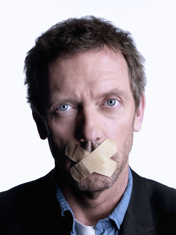 Man with Tape over Mouth — White, Dramatic, Photograph, Suit Jacket